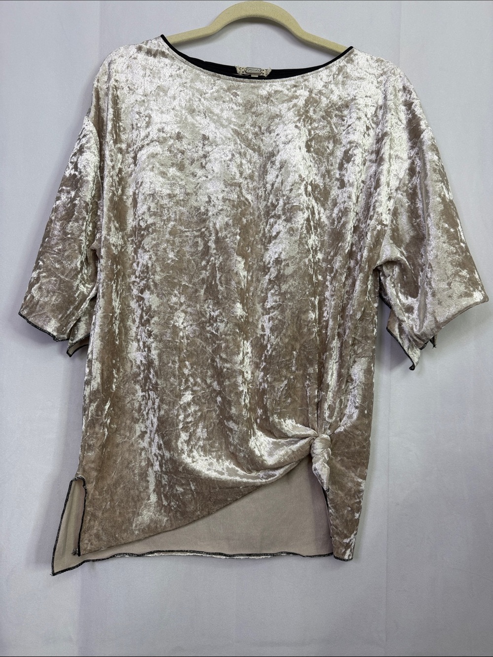 Gimmicks Crushed Velvet Short Ruffled Sleeve Women’s Light Beige  Top